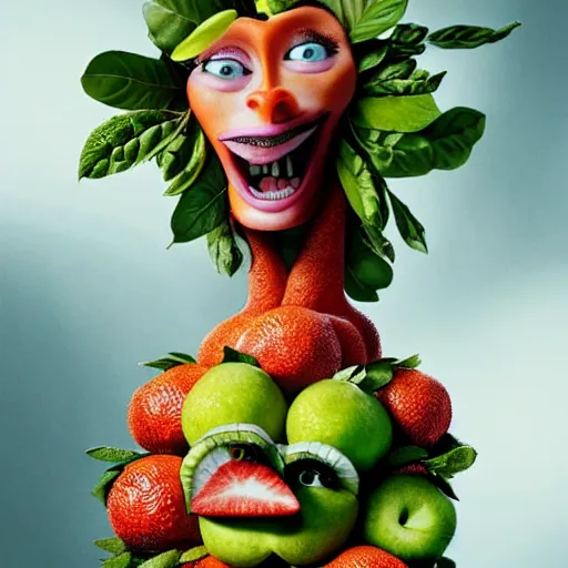 Image similar to megan fox vegan editorial by malczewski and arcimboldo, character sculpture by arcimboldo, stil frame from'cloudy with a chance of meatballs 2'( 2 0 1 3 ) of fruit dryad, fruit hybrid megan fox editorial by alexander mcqueen and arcimboldo