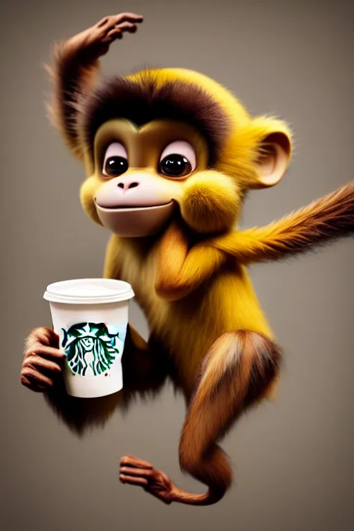 Image similar to high quality 3 d render hyperrealist very cute monkey with a starbucks coffee, vray smooth, in the style of detective pikachu, hannah yata, very dramatic light, low angle, uhd 8 k, shallow depth or field