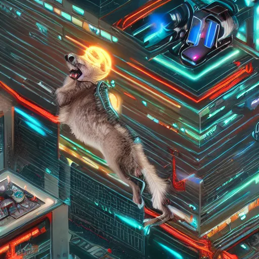 Prompt: Overhead view+dog leaping into a cybernetic city+title shift+detailed+digital art+artstation +concept art n-4