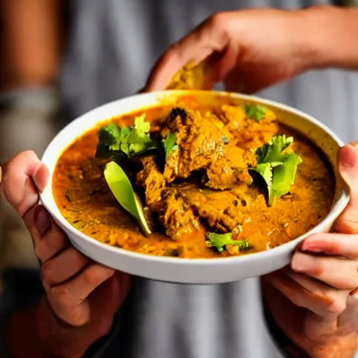 Prompt: photo of a man ecstatically eating a bowl of indian curry. weeping with joy, hands raised