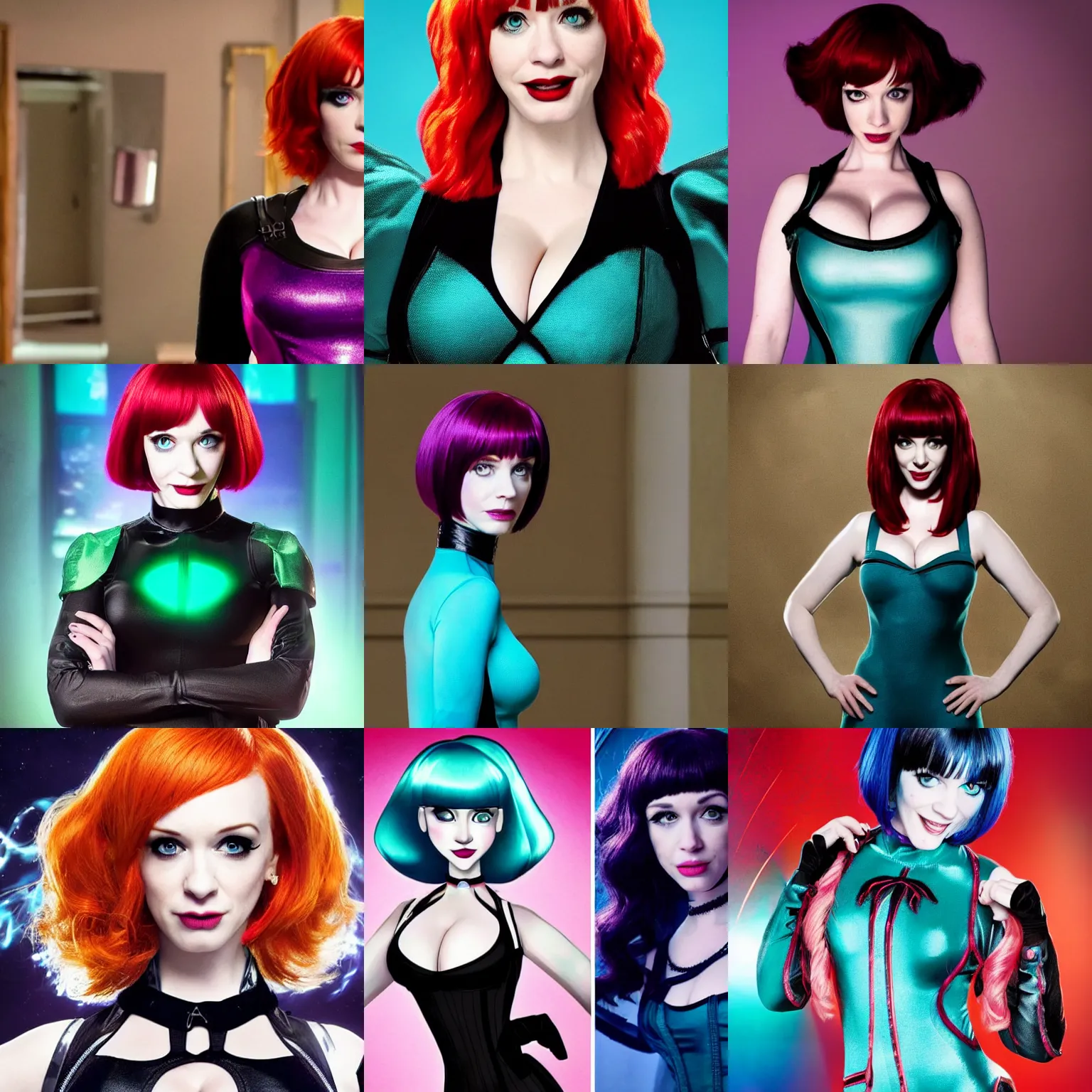 Prompt: christina hendricks as maddie fenton in the live - action netflix adaptation of danny phantom, intense epic promotional image ; she has auburn hair and a bob cut with straight bangs ; she is wearing a heavy - duty protective teal bodysuit with a black neck