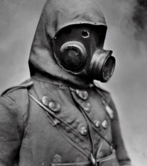 Prompt: a man wearing detailed hooded gas mask at distance, ww1 film photo, grainy, high detail, high resolution