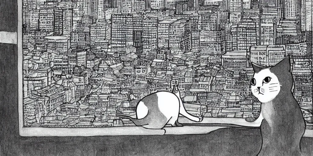 Image similar to sri lankan cat looking at the city, drawn by hayao miyazaki