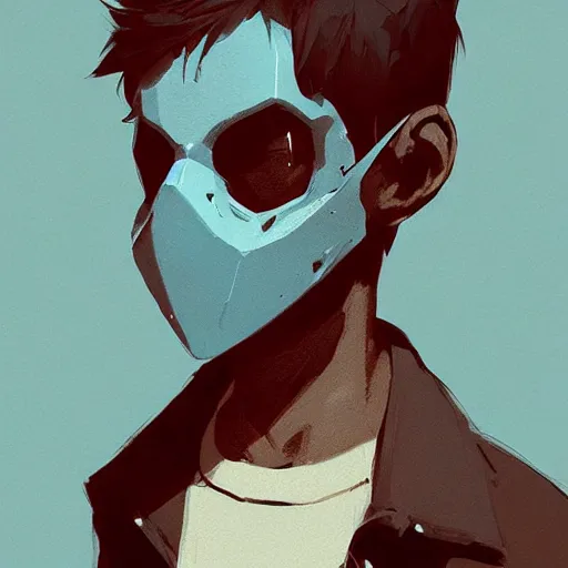 Prompt: boy wearing skull mask by atey ghailan, by greg rutkowski, by greg tocchini, by james gilleard, by joe fenton, by kaethe butcher, dynamic lighting, gradient light blue, brown, blonde cream and white color scheme, grunge aesthetic