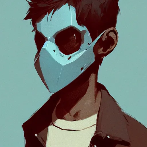 Image similar to boy wearing skull mask by atey ghailan, by greg rutkowski, by greg tocchini, by james gilleard, by joe fenton, by kaethe butcher, dynamic lighting, gradient light blue, brown, blonde cream and white color scheme, grunge aesthetic