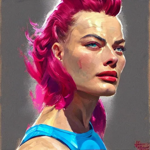 Image similar to greg manchess portrait of margot robbie as thick muscular weightlifter zarya from overwatch with ponytail and curly pink hair, medium shot, asymmetrical, profile picture, organic painting, sunny day, matte painting, bold shapes, hard edges, street art, trending on artstation, by huang guangjian and gil elvgren and sachin teng