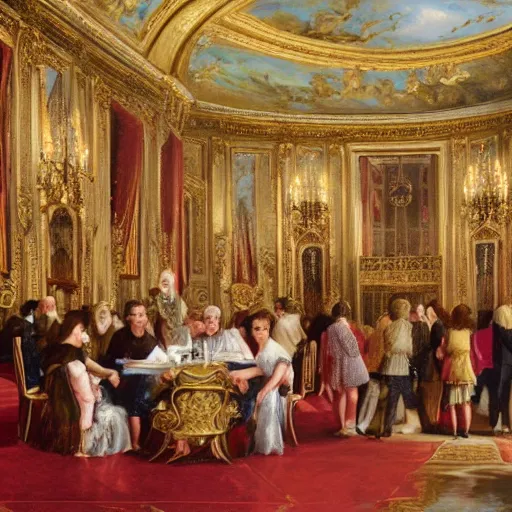 Image similar to people drinking red wine named roi soleil in versailles castle, realistic painting