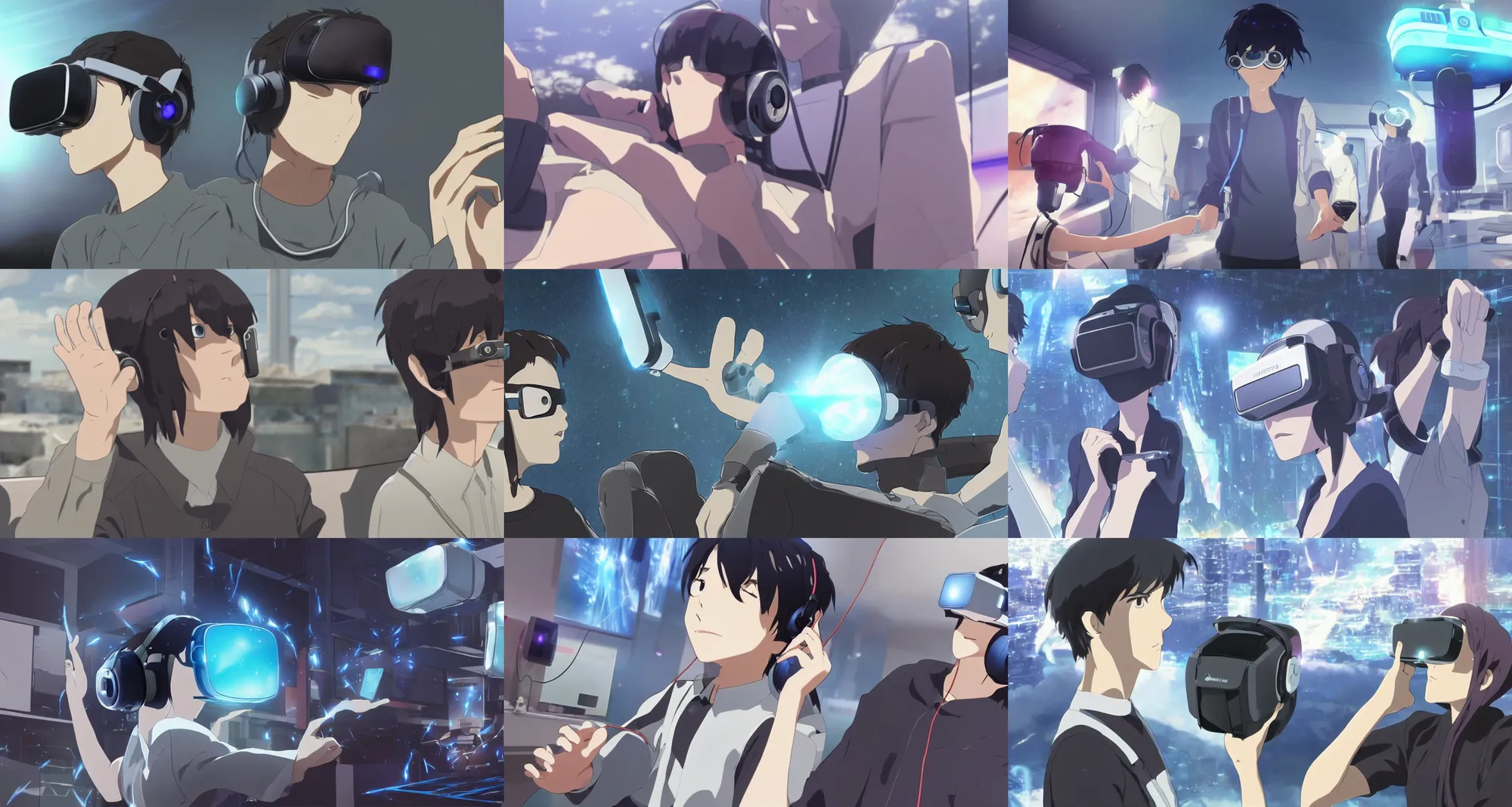 Prompt: futuristic virtual reality headset, from the science fiction anime film makoto shinkai, technology