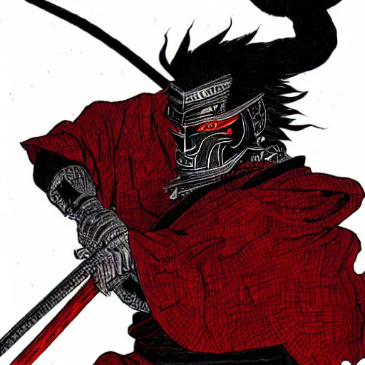 Prompt: Samurai by Kentaro Miura, horror, black and red color scheme