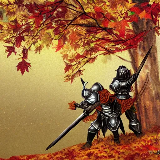 Prompt: armored knight stabbing a nymph with a longsword, autumn, forest, painting