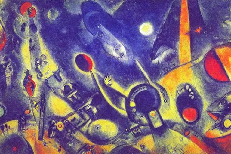 Image similar to a futuristic space port, painting by chagall, trending on artstation