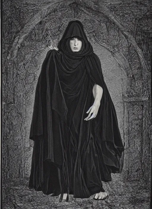 Image similar to fineart illustration of the necromancer wearing a black cloak, hyper detailed, crisp