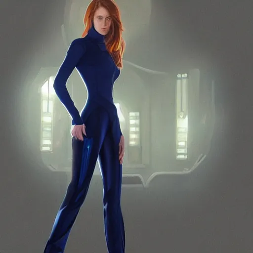 Image similar to full figure ultra realistic illustration, evan rachel wood wearing a futuristic navy blue pantsuit, brown straight hair, western setting, intricate, elegant, highly detailed, digital painting, artstation, concept art, smooth, sharp focus, illustration, art by artgerm and greg rutkowski and alphonse mucha