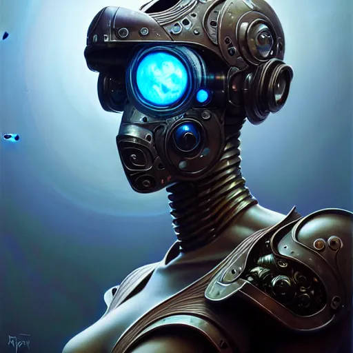 Image similar to front shot of a cyberpunk gazmask robot character, intricate, elegant, highly detailed, centered, digital painting, artstation, concept art, smooth, sharp focus, illustration, artgerm, Tomasz Alen Kopera, Peter Mohrbacher, donato giancola, Joseph Christian Leyendecker, WLOP, Boris Vallejo