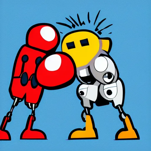 Image similar to digital art of a cartoon robot getting punched in the face from the left side to the right side of the screen