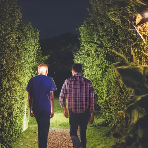 Prompt: A photo of two men in a garden at night walking towards a small wooden garden shed