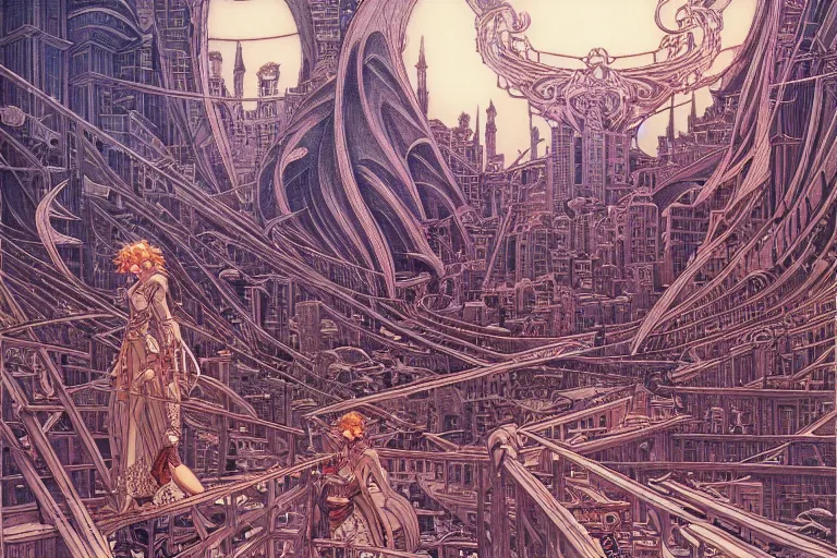 Prompt: late renaissance city on the coast, intricate linework, in the style of moebius, ayami kojima, 9 0's anime, retro fantasy