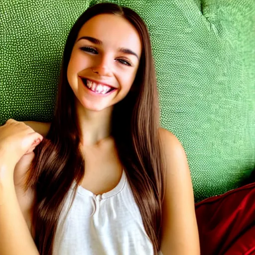 Image similar to a cute young woman smiling, long shiny bronze brown hair, full round face, green eyes, medium skin tone, light cute freckles, smiling softly, wearing casual clothing, relaxing on a modern couch, interior lighting, cozy living room background, medium shot, mid-shot, soft focus