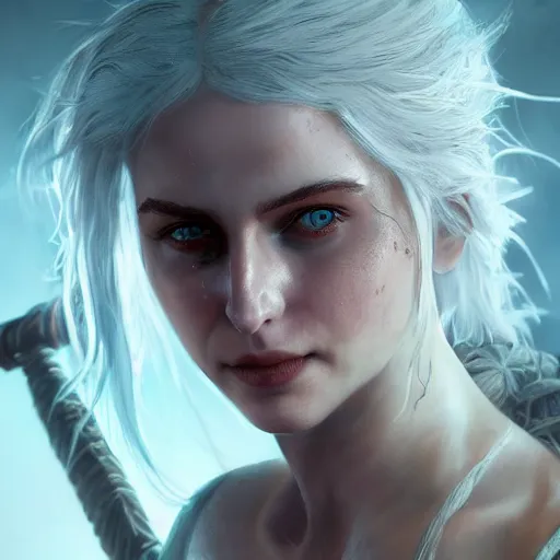 Image similar to ciri from the witcher 3 video game, huggy wuggy from poppy playtime video game, fullbody, ultra high detailed, glowing lights, oil painting, greg rutkowski, charlie bowater, beeple, unreal 5, daz, hyperrealistic, octane render, rpg portrait, dynamic lighting, fantasy art, beautiful face