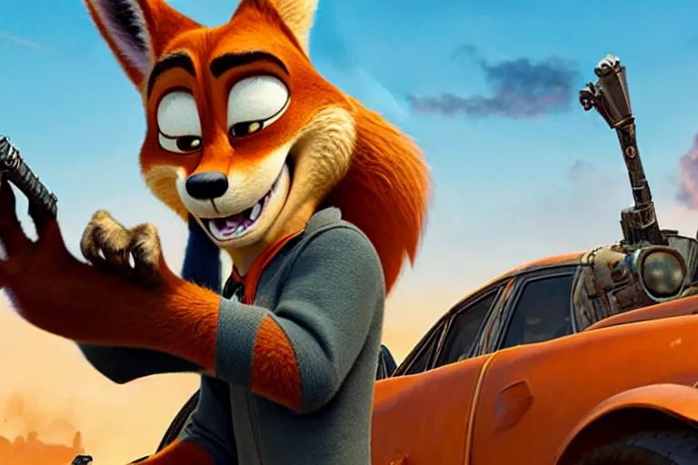Image similar to nick wilde ( from zootopia ), heavily armed and armored facing down armageddon in a dark and gritty reboot from the makers of mad max : fury road