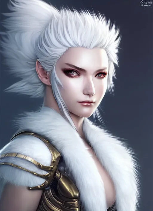 Image similar to fur - lined armor!!! beautiful and elegant white haired female!! gorgeous ayes!! character concept art, sharp focus, octane render! unreal engine 5! highly rendered!! trending on artstation!! detailed linework!! illustration by artgerm, wlop, and chie yoshii