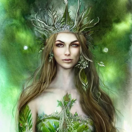 Prompt: heavenly beautiful elven queen with a leaf crown, hints of silver jewelry, overgrown, full body, forest background, elegant, intricate detail, dramatic lighting, mist, green aura, 8k watercolor,