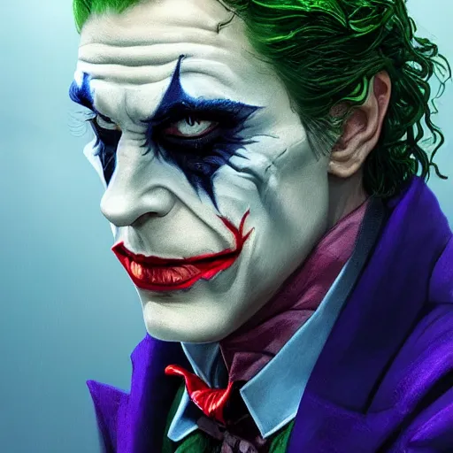 Prompt: [Riff Raff as the Joker, closeup, D&D, intricate, elegant, highly detailed, digital painting, artstation, concept art, matte, sharp focus, illustration, art by Artgerm and Greg Rutkowski and Alphonse Mucha]