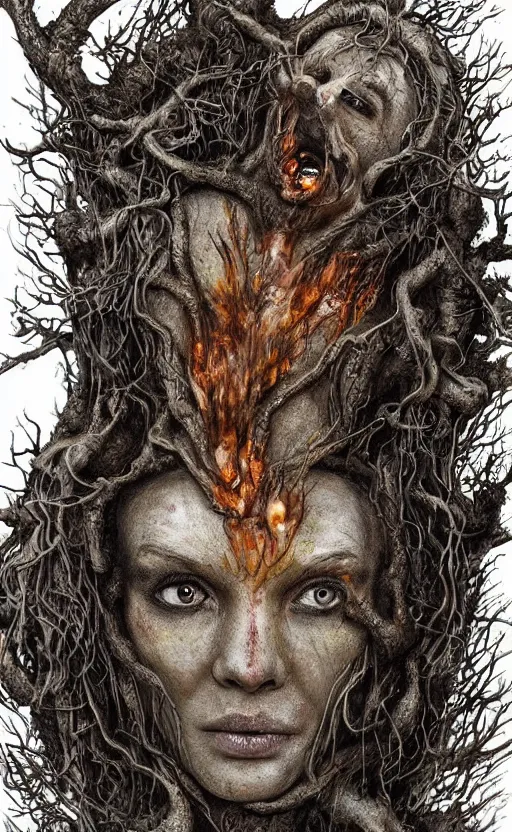 Image similar to portrait of a rotten tree spirit dryad with a beautiful face and flaming mouth and eyes, intricate, headshot, mushrooms, fungi, lichen, sketch lines, graphite texture, old parchment, guillermo del toro concept art, justin gerard monsters, intricate ink illustration, artstation