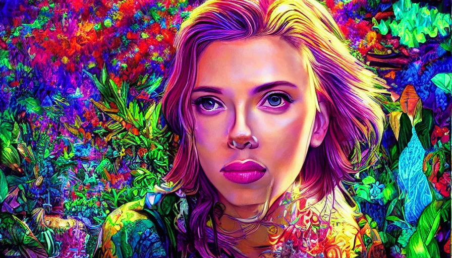 Prompt: landscape scarlett johansson in psychodelic dmt lsd forest, photorealistic, artgerm, artwork by Arian, Mark