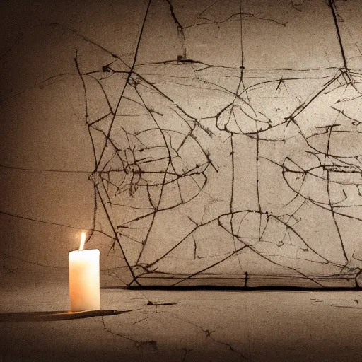 Prompt: A aged parchment with the elegant wireframe design for the Apollo moon lander module in the style of Leonardo da Vinci, on a marble table, candlelight, sigma 85mm f/1.4, award winning photo