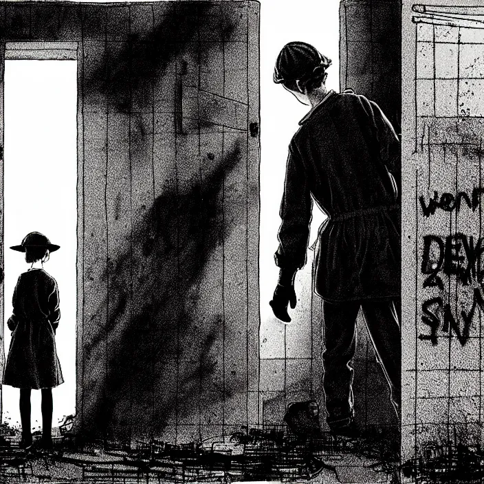 Prompt: [ sadie sink in dirty workmen clothes waves goodbye ] to workmen. near a gate. background : factory, dirty, polluted. technique : black and white pencil and ink. by gabriel hardman, joe alves, chris bonura. cinematic atmosphere, detailed and intricate, perfect anatomy
