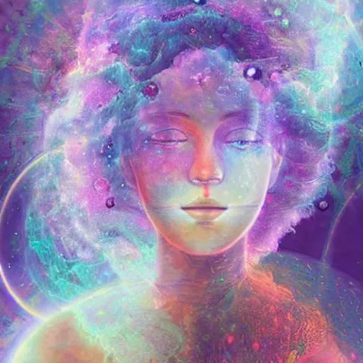 Image similar to beautiful detailed artistic portrait of a person travelling between different astral planes. the universe observing itself. grainy and rough. fine detail. soft colour scheme. artistic painting by lurid ( 2 0 2 2 ). featured on deviantart.