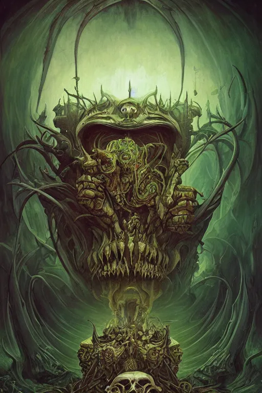 Prompt: evil gigantic alien skull lord of death, fantasy painting, ultra realistic, wide angle, art nouveau, intricate details, rainbowshift, vivid colors, highly detailed by peter mohrbacher, h. r. giger, maxfield parrish, aaron horkey, gaston bussiere, craig mullins