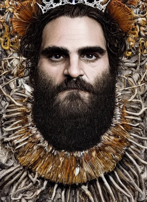 Prompt: a hyper detailed portrait of joaquin phoenix with a crown made of animals, cow horns, pig nose, sheep wool, chicken feather armor, by anna podedworna, by miklos ligeti, by diego maricato, by taran fiddler, by antonino truisi, by chris reddie, by jinsung lim, trending on artstation