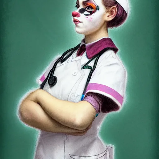 Image similar to clowncore pastel punk young hospital nurse wearing stylish uniform. detailed, portrait, 8 k, artwork by jean - baptiste monge