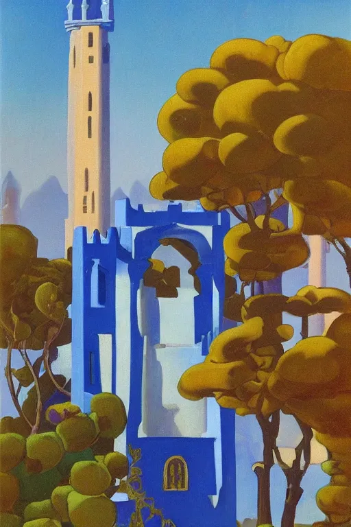 Image similar to view of the mysterious blue tower in its gardens after a storm, tall windows, beautiful moorish ornament, dramatic cinematic lighting, rich colors, by Nicholas Roerich and Sylvain Sarrailh and Ludwig Deutsch and April Gornik