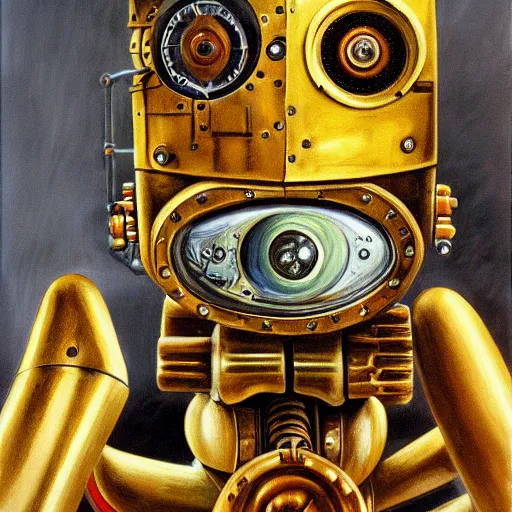 Image similar to high quality high detail painting by lucian freud, hd, portrait of scifi robot, steampunk