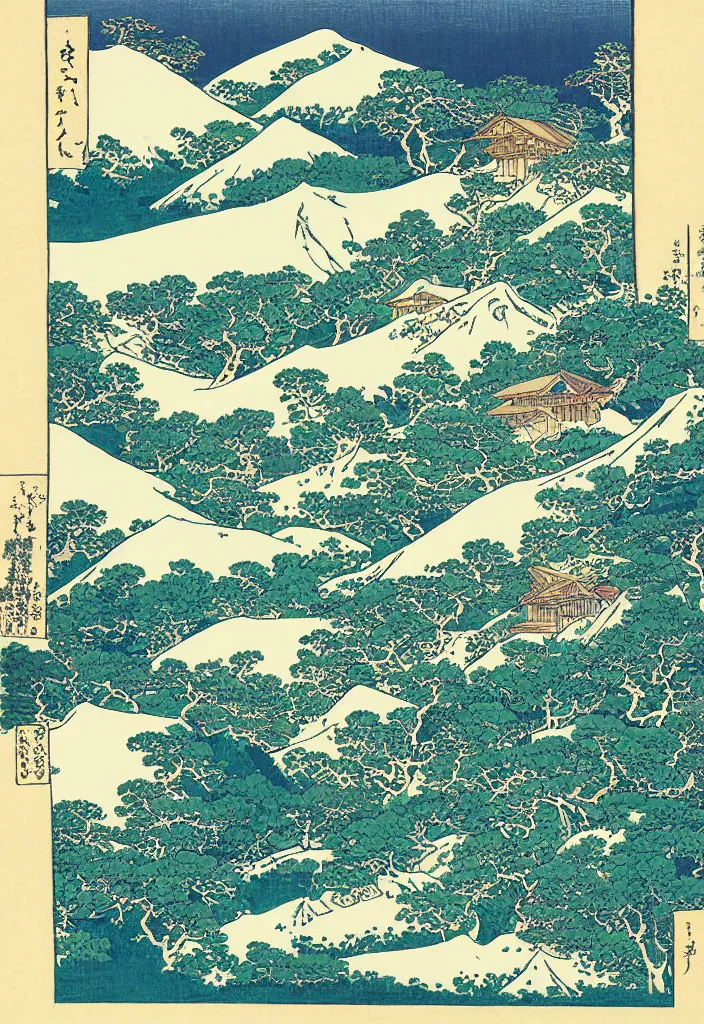 Prompt: Swiss alps valley in the summer, woodblock art by Hokusai