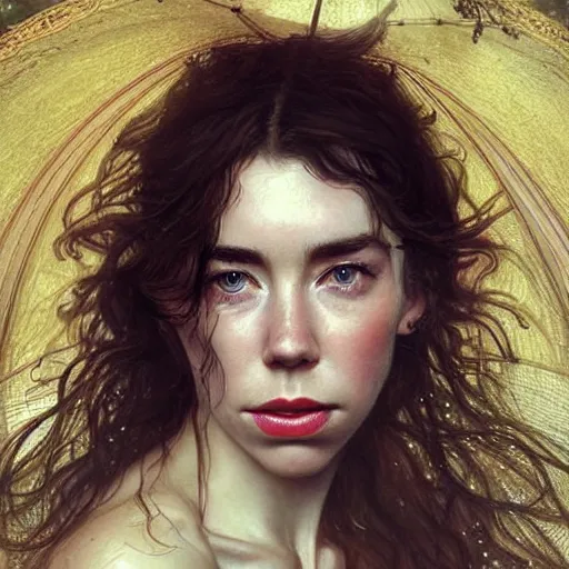 Prompt: stunning photo of vanessa kirby, dark - haired goddess with tears running down her face,, a beautiful closeup, wet lips, perfect eyes, insanely detailed, elegant, by mucha, wlop, rutkowski, livia prima