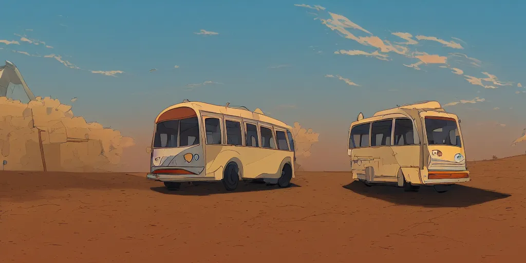 Prompt: an israeli egged bus driving in the negev, noon, sunlights, wide shot, digital art, ghibli style, vivid colors, flat colors, trending on artstation, high quality