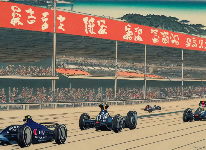 Prompt: ukiyo - e painting of formula 1 cars at circuit de spa - francorchamps