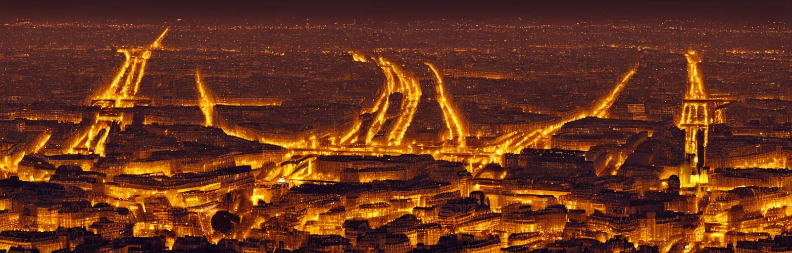 Image similar to night time photo of paris france seen from a luxury hotel window with bokeh, depth of field, glowing lights, romantic beautiful, black, red, yellow, orange colors, telephoto lens, romantic, soft, beautiful, award winning architecture, extremely beautiful lighting, cinematic composition, modern, render, architectural, architecture, realistic, clear