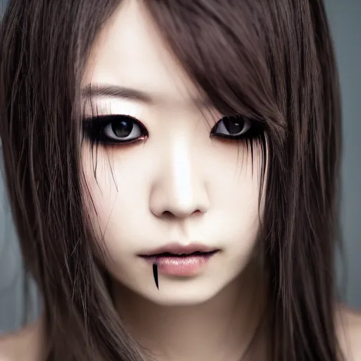 Prompt: professional upper body photograph of female japanese model in emo makeup, long hair, fringe. pretty and detailed eyes