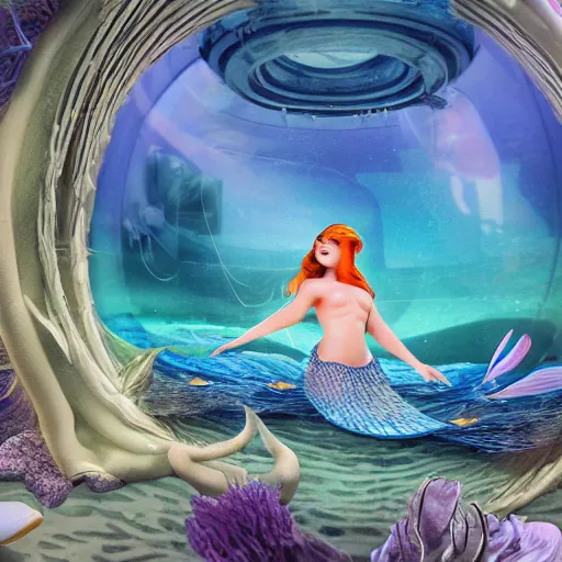 Image similar to a mermaid swimming past a futuristic underwater dome city