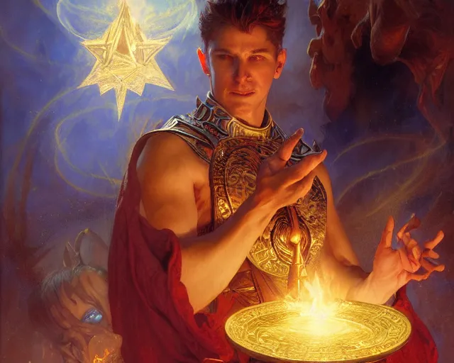 Image similar to attractive male deity, casting demonic magic, summoning handsome lucifer morning star. highly detailed painting by gaston bussiere, craig mullins, j. c. leyendecker 8 k