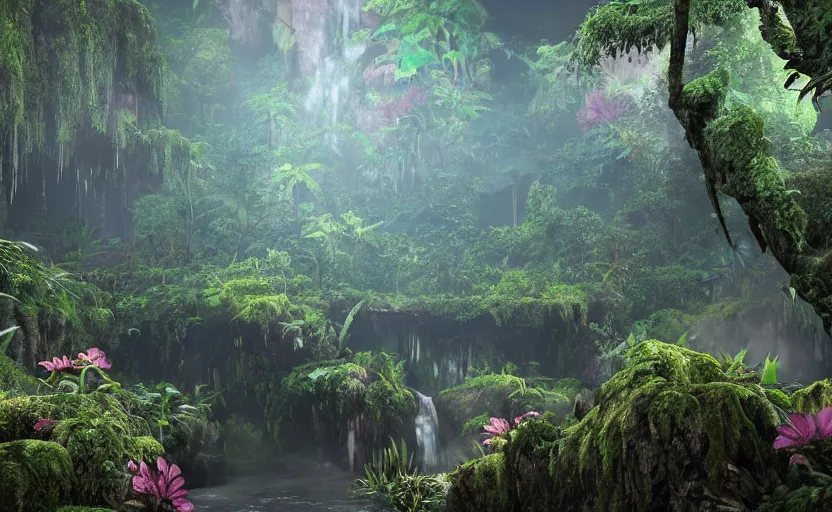 Image similar to a beautiful render of a dark prehistoric rainforest in a humongous cave, lush flora, patches of sky, magenta flowers, sunset, floating mountains and a waterfall in the background, intricate detail, hazy, humid, volumetric lighting, 8 k, photorealistic, raytracing effects, unreal engine 5