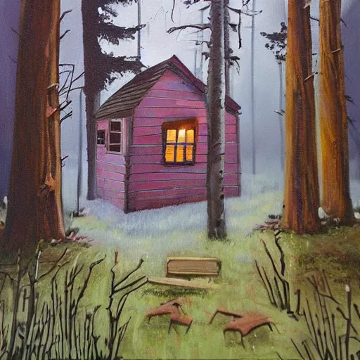 Prompt: a painting of a Eerie cabin in the middle of the woods in the style of Banksy