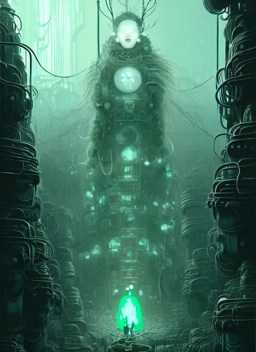 Prompt: highly detailed portrait of a frostpunk long curly white hair tribal lady, stray wiring by atey ghailan, james gilleard, by joe fenton, by greg rutkowski, by greg tocchini, by kaethe butcher, 4 k resolution, gradient green, black and white color scheme!!! ( ( green slime robotic dystopian city background ) )