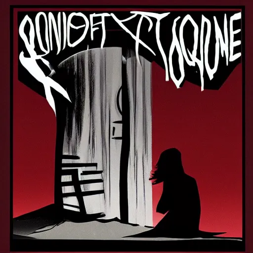 Prompt: a comic noir style cartoon of a lady silhouette on a queens of the stone age album cover