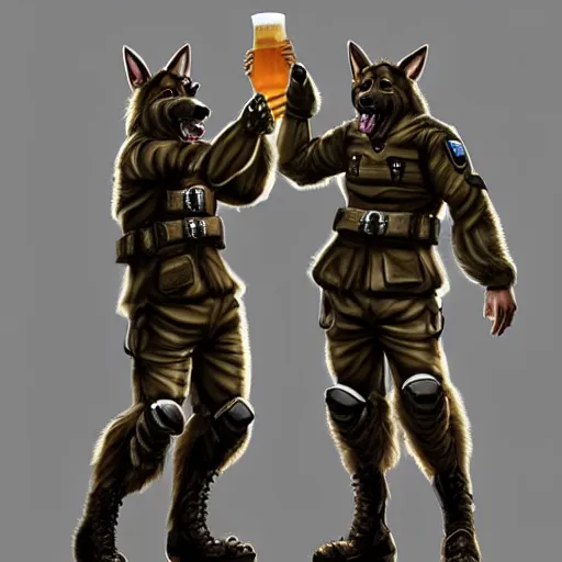 Image similar to two humanoid german shepherds beast - men in military style, they holding a beer, artstation, concept art, smooth, sharp foccus ilustration, artstation